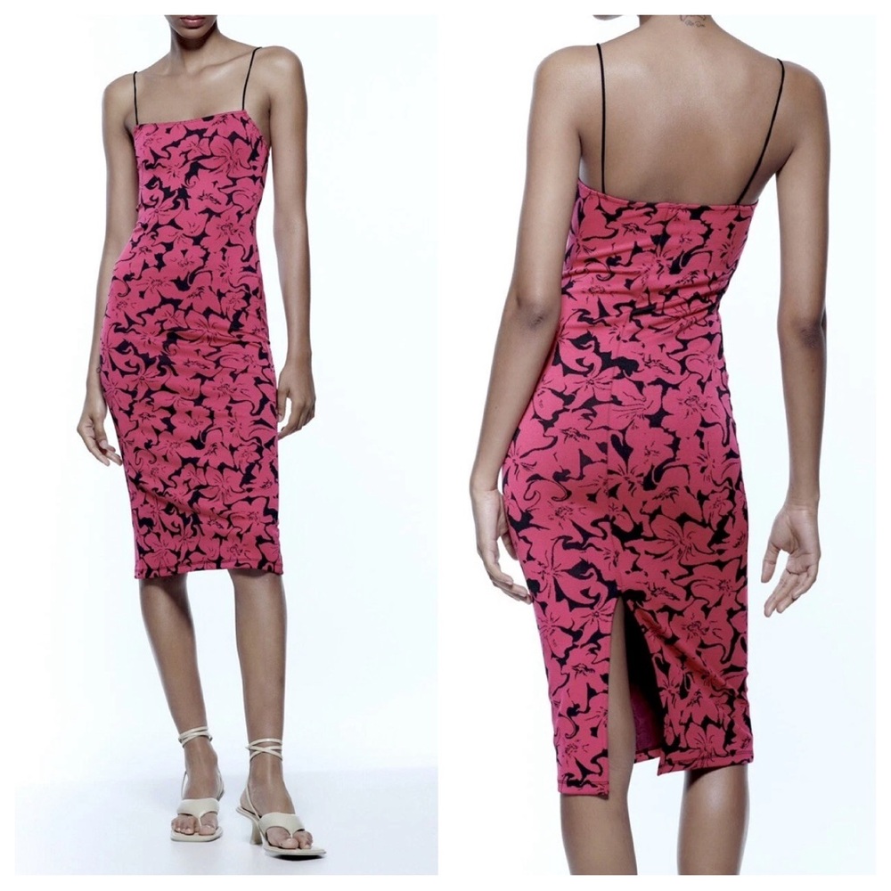 NWT Zara Jacquard Pink Black Floral Knit Midi Dress Small